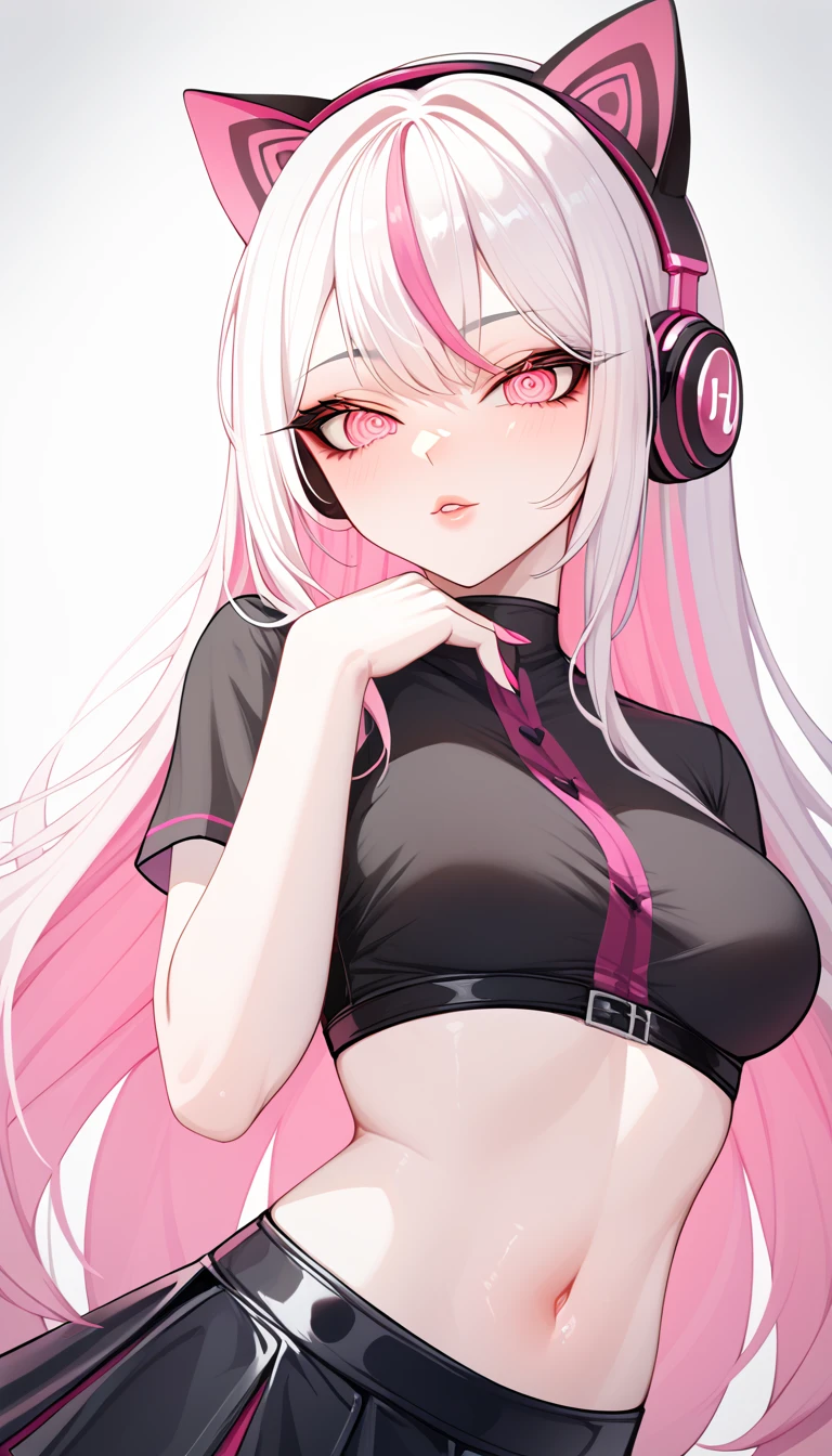 1 Girl, Medium Breasts, Demon Girl, Long White Hair, Pink Highlights In Hair, Smooth Skin, Pale Skin Tone, Nice Eyes, Light Pink Eyes, Nice Lips, Light Blush, Anime Goth Demon Girl, Wearing a Black Skirt and Lace Crop Top Shirt, Choke, Wearing Cat Ear Headphones, Ulzzang, Upper Body Shot, Close Up