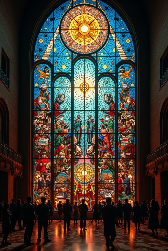 Create an art about "globalization". Make it like the stained glass on church windows. Include objects relating to or depicting economy , finance , culture. Diversity, travel, education. Peace, wonders of the world, interner. Just use 1 single big stained glass