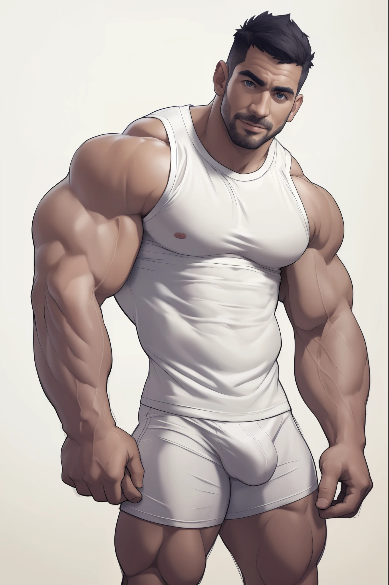 masterpiece, best quality, sketch, solo, facial hair, muscular, bara, mature male, taut shirt, short hair, large pectorals, white tight tank top, looking at viewer, white boxer, thick eyebrows