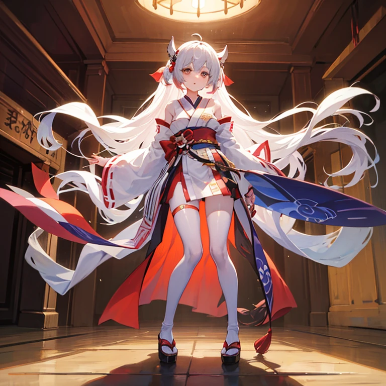 High definition、anime、A pure girl dressed in a shrine maiden's outfit、Flowers sprout from beneath your feet、18age、Halfred with long silver hair、Full body portrait、beautiful girl、A long-sleeved miko outfit、Large eyes like opals、Powerful eyes、Kagura Dance