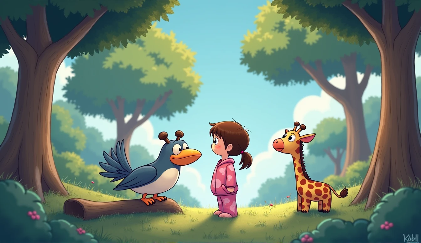 A blue cartoon sad bird sits on a branch, being watched by a plush giraffe toy and a small cartoon girl in pink pajamas.