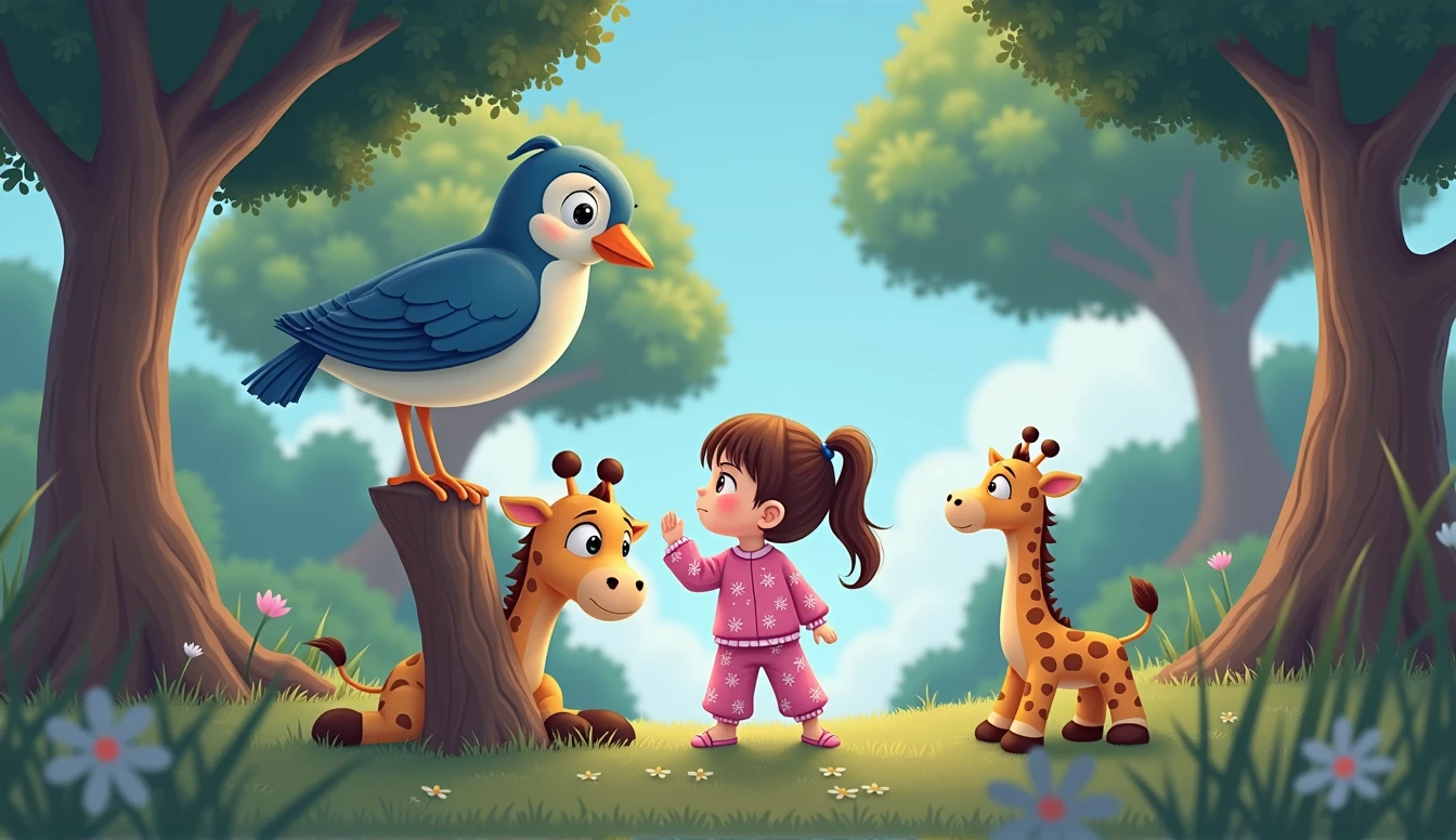 A blue cartoon sad bird sits on a branch, being watched by a plush giraffe toy and a small cartoon girl in pink pajamas.