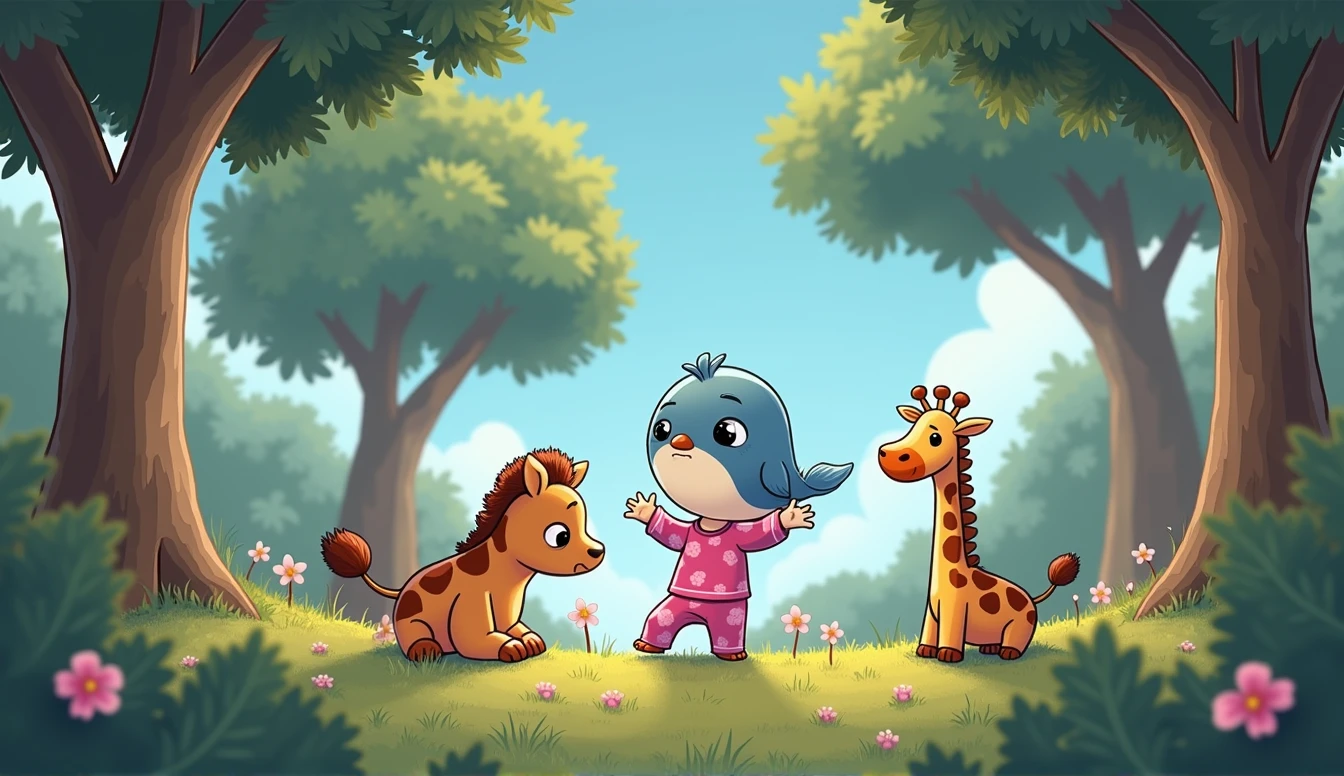 A blue cartoon sad bird sits on a branch, being watched by a plush giraffe toy and a small cartoon girl in pink pajamas.