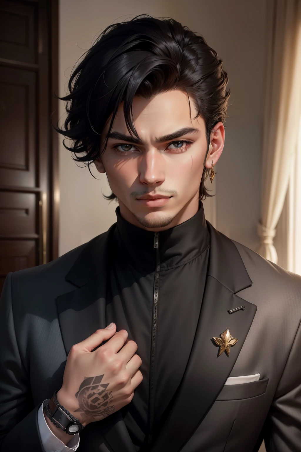 Create an image of an intriguing young man, approximately 20 years old, with dark and hypnotic eyes, that emanates a penetrating gaze. His skin is slightly tanned, accentuating its striking presence. His black hair is styled back with a modern touch. O personagem usa umto mask que dá um ar misterioso ao seu semblante, adding an enigma to his charisma. to mask, in conjunction with the earring in his left ear, reveals a rebellious and bold essence in his personality. In addition, He sports an impressive tattoo on his right forearm, creating an intricate art that symbolizes its unique history. To complete his style, he wears a sweatshirt with a modern and casual design, combined with an elegant suit that denotes his sophistication. In your right hand, He holds his suit with a casual expression, as if ready to face any challenge that awaits him. Her honey eyes are expressive, reflecting a wisdom beyond his age. They tell stories of lived experiences and adventures that are yet to come.