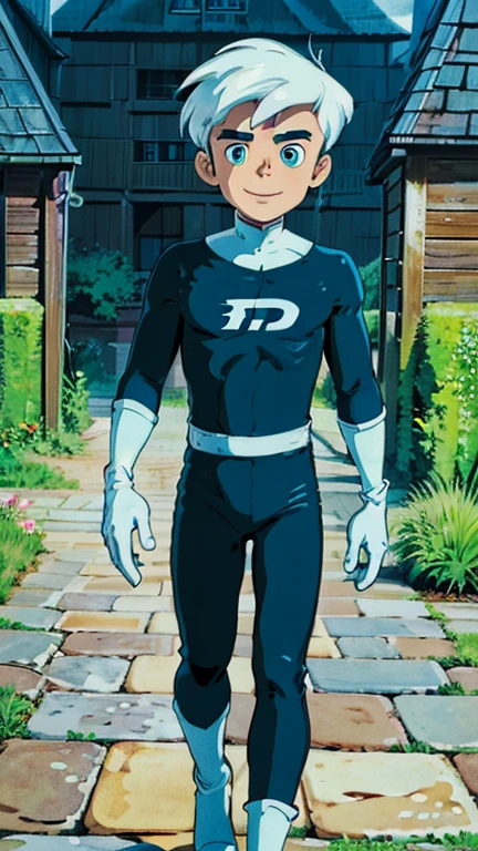 (1boy, solo, highly insanely detailed, masterpiece, top quality, best quality, highres, 4k, 8k, RAW photo),((innocent look)),((Childish)),From the front, symmetrical composition,smile,cute,Innocent,Kind eyes, ghibli style, city street, danny phantom, white hair,  white gloves, black jumpsuit,