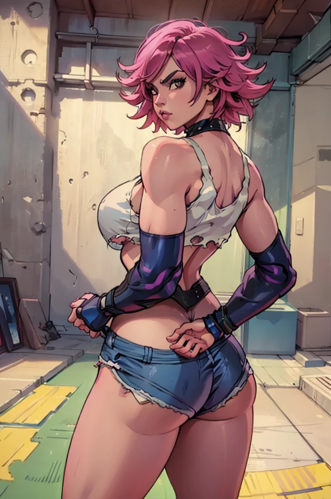 Poison, 26 year old woman, 5'9" tall, 115 pounds, short pink hair, fit body, wearing sports bra, spandex shorts, big breasts, wide curvy hips, big ass, solo, realistic, masterpiece, detailed facial features, photorealistic, cinematic lighting, dramatic shadows, highly detailed, award winning digital art, oil painting, high resolution, 8k, hyper detailed, hyperrealistic