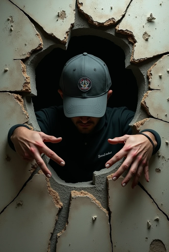 Person with face barely visible and focus on cap. Coming out of the broken wall very close with hands out holding onto the broken wall 
