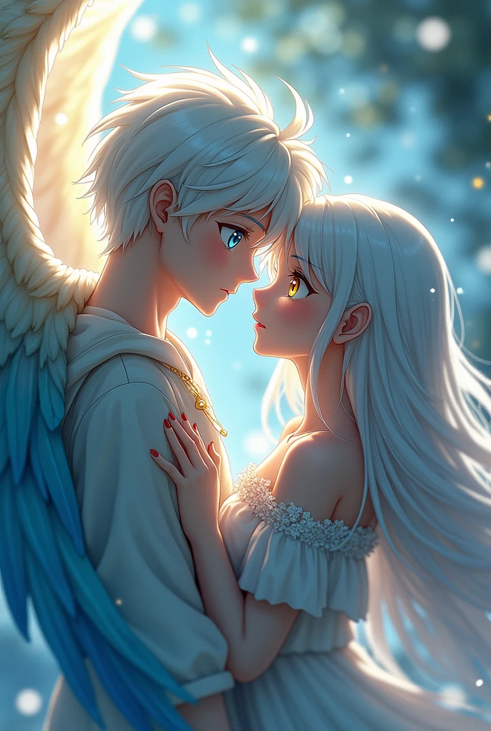 I want a girl with white hair, with beautiful wings, blue and yellow eyes that have a warm gaze, being with a guy named Katsuki Bakugo from the anime Boku no Hero Academia