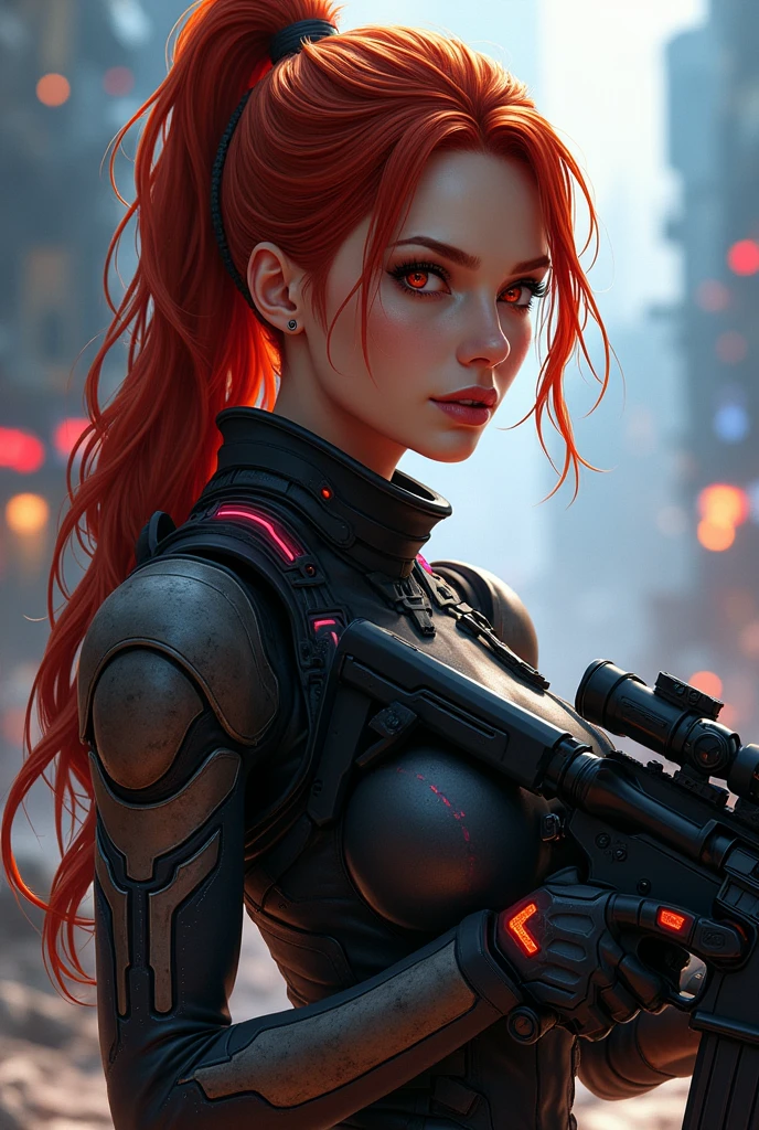 In this captivating image, the central female character (Sarah Kerrigan, inspired by the Star Craft game, Supermodel, beautiful face), red brown ponytail long hair, exudes Confident Star Craft Ghost sniper, wearing a white Terran Ghost psionic energy sniper gear with neon light, (inspired by the Starcraft 2 game), Armed with an AR-15, Combat pose, (Battle scene background), mid body portrait, sensual, beautiful, mesmerizing, concept art, highly detailed, vivid colors, bioluminecent, artstation, behance, deviantart, inspired by innocent manga, inspired by Star Craft Game concept art, trending, Amanda Sage, Jim Lee, Extremely Realistic.