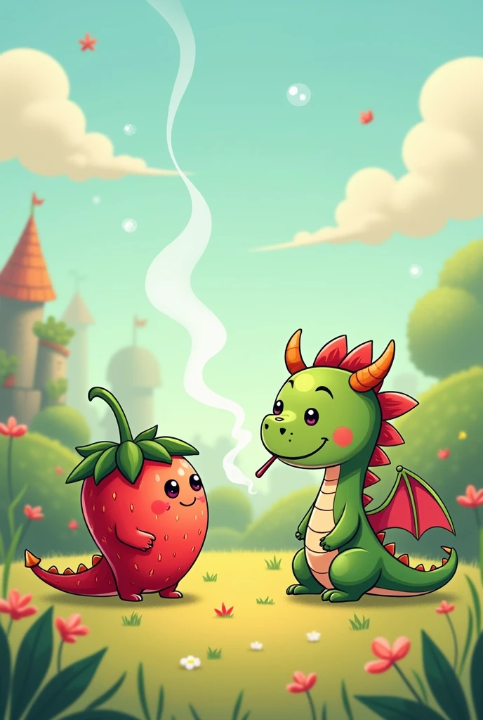 Cartoon drawing of a strawberry and a dragon talking and smoking