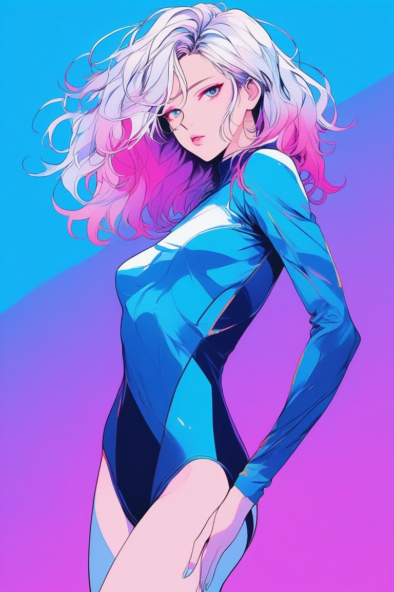 Illustrator, anime , Realistic ,sketch , 1 person, model, lip, Reveal leotards, order, Blue gradient background, Neon colored messy medium hair, Are standing, Sexy pose, Texture Trim, Russian, (masterpiece,Highest quality)
