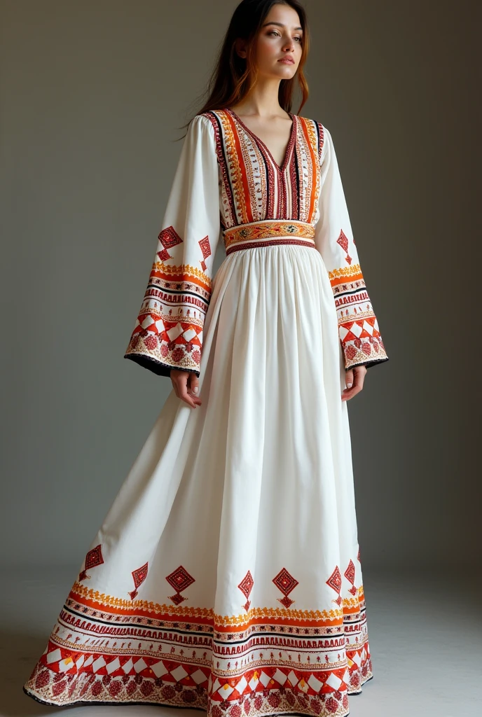 Traditional Kurdish Wedding Dress, Maraş Koçgirî Dêrsim region
White with the traditional geometric patterns (More linear than floral, found on the carpets of the region) embroidered in red, orange, yellow, black, Embroidery more or less evenly distributed