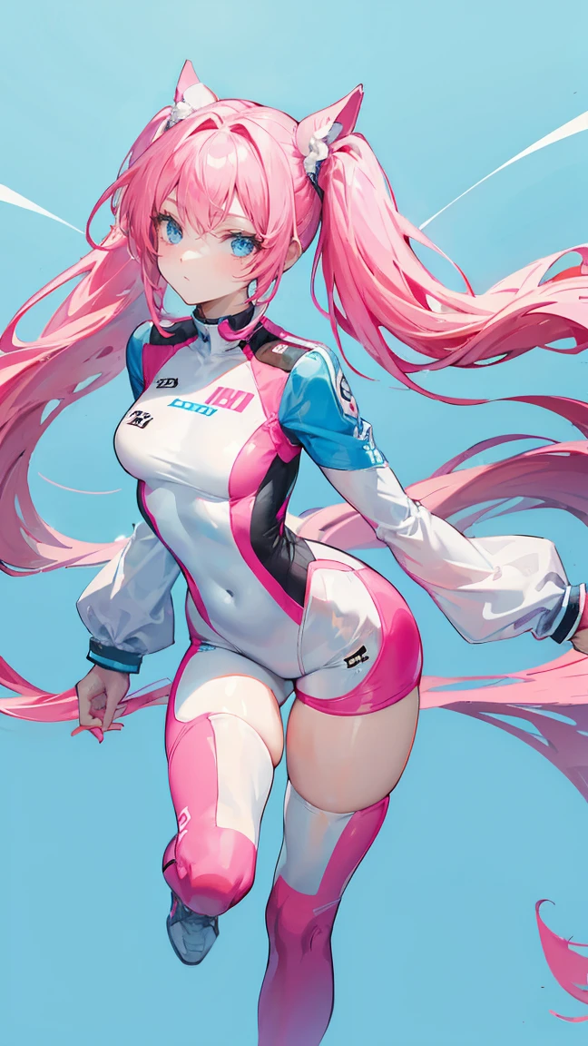 Solid color background,Long hair with double ponytails,Pink Hair,The tight white racing suit has light blue sleeves.,Blue Eyes,Stand upright,ID photo,