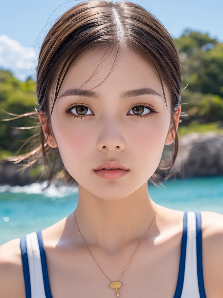 ((Highest quality)),((8K、32k)),(Genuine)、(detailed)、((Beach))、((Bust up shot))、((face closeup))、(White skin)、(Big Breasts)、The best balance between face and shoulder width、Micro Bikini、Shiny Hair、Short Bob、Glowing Skin、Japanese、beauty、Looking into the camera、Thick lips、kawaii、Hehehe:1.2、Shot with a film camera、RAW shooting、#24、Genuine、フォトGenuine:1.4、Photon Mapping、Physically Based Rendering、Perfect Anatomy、detailedなデコルテ、detailedな目、detailedな二重、detailedな咬筋、detailedな鎖骨、Perfect Fingers、Finger Description、(品質 8K)、((White skin))、Avoid mascara、Hair with movement、detailedな毛穴、Natural light、detailedな描写、Blushing、Fine pores、Perfect cleavage、masterpiece、Blushing、detailedな腹筋、sexy、detailedな脇の下、(slender)、(Upper Body)、detailedな目元、1 person、