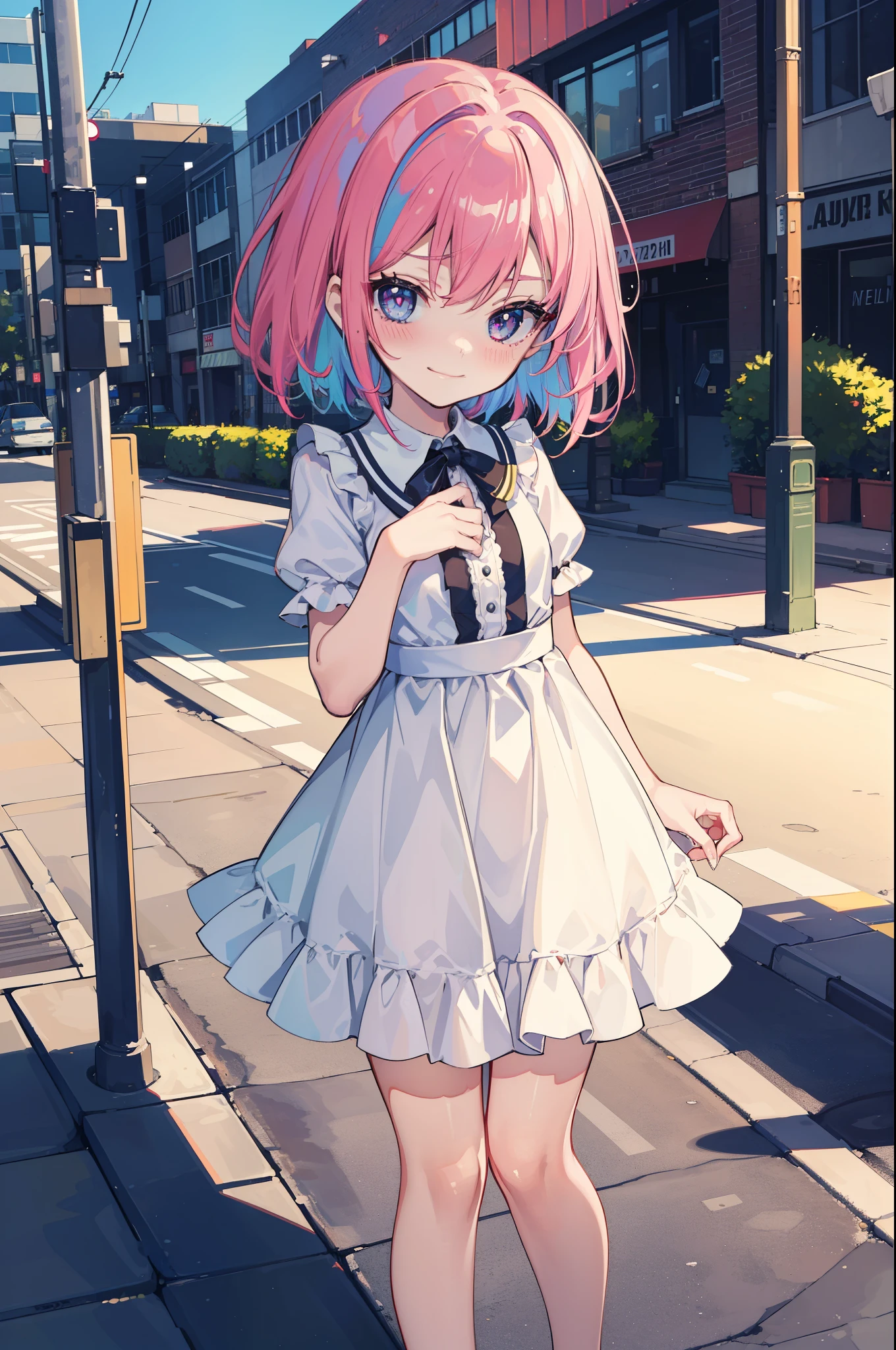 (perfection:1.1), (flawless:1.1), (best quality:1.2), (highest quality:1.2), urban street, 1girl, solo, (:1.1), (child:1.1), (cute dress:1.1), sexy smirk, (blushing:1.1), colorful hair, short hair, small breasts, athletic body, highest quality eyes, highly detailed, 4k, best resolution, high quality shadows, beautiful quality light, best quality upscale, most beautiful upscale