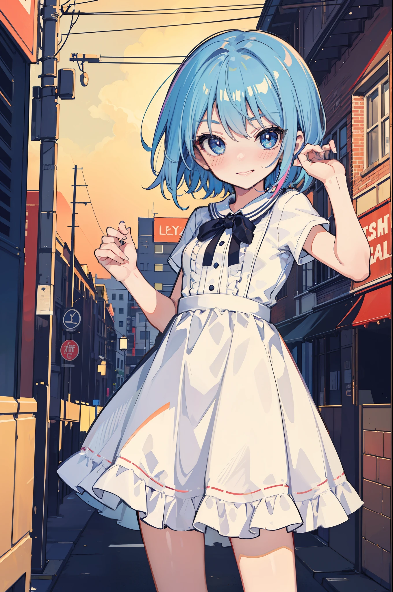 (perfection:1.1), (flawless:1.1), (best quality:1.2), (highest quality:1.2), urban street, 1girl, solo, (:1.1), (child:1.1), (cute dress:1.1), sexy smirk, (blushing:1.1), colorful hair, short hair, small breasts, athletic body, highest quality eyes, highly detailed, 4k, best resolution, high quality shadows, beautiful quality light, best quality upscale, most beautiful upscale