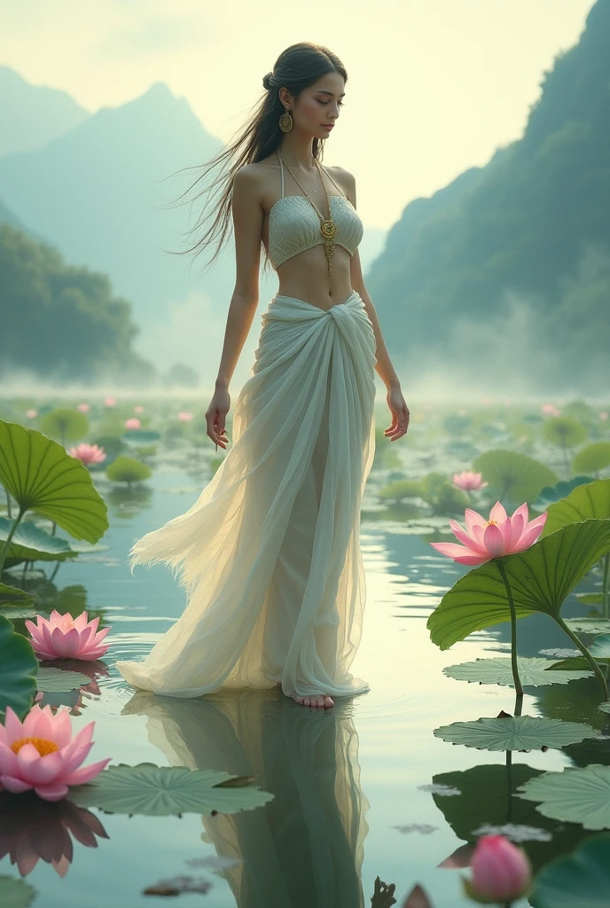 Yakshini of the Lotus Pond, A serene Yakshini standing in a lotus pond, surrounded by blooming lotuses and lilypads. She is dressed in a delicate sari, her feet barely touching the water as she gazes softly at the viewer. The pond is bathed in soft morning light, with mist floating above the water and distant mountains framing the background.