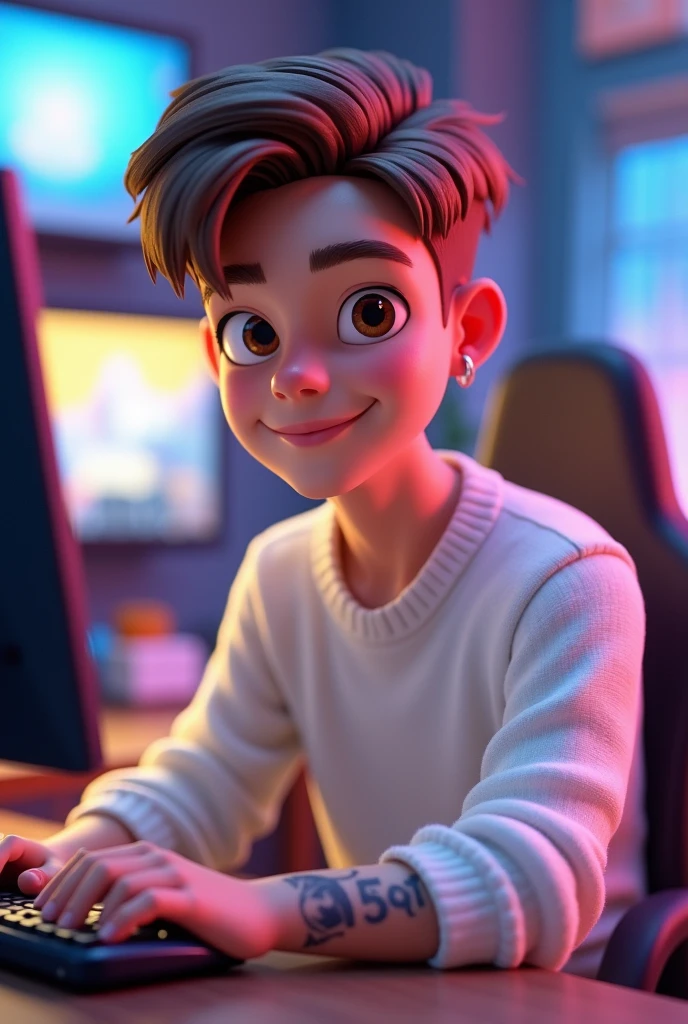 Young man , short brown hair, square face and brown eyes, wearing white sweater. with tattoo on the left arm, 3d cartoon, with small hoop earrings, in a gamer setting, using a computer.