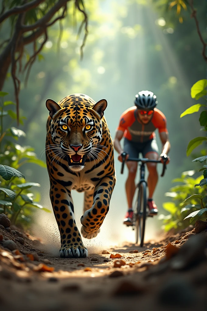 A jaguar chasing a cyclist