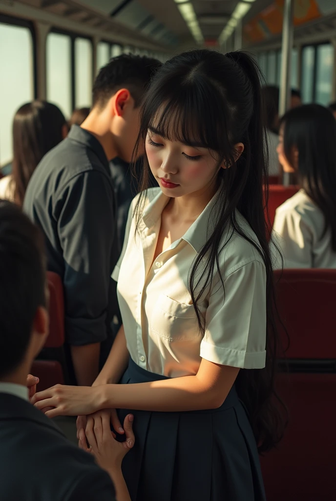 ((Highest quality, 8k, RAW Photos, masterpiece :1.3)), (Realistic、Realistic:1.37)、Very detailed、Ultra-high resolution, (Professional Lighting), ((From above:1.2)),((Full body photo)),Small breasts、Perfect Face、Beautiful expression、Beautiful Face、Beautiful Eyes、18 year old high school girl、Real beautiful girl、Beautiful black hair、(No bra、Schoolgirl uniform、Button-down shirt:1.2、Off the shoulder、Mini Pleated Skirt)、(Inside a crowded train with sunlight streaming in、Beautiful girl leaning on a man、A woman has her breasts touched by a man、A chubby middle-aged Japanese man hugs a high school girl from behind on a train)、((((middle-aged man standing behind a woman、A man touches a woman's breasts:1.3、A man lifts a woman's skirt to see her panties:1.2、Button-down shirt:1.2))))、caress、Embarrassing expression、Blushing、The man has a vulgar look、Man hugging