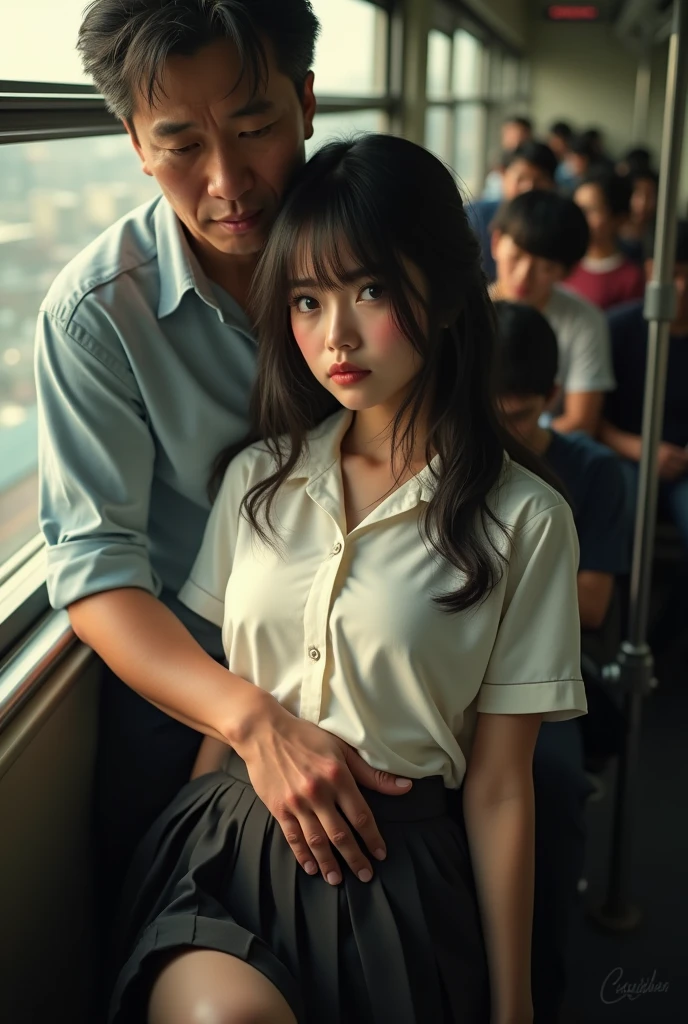 ((Highest quality, 8k, RAW Photos, masterpiece :1.3)), (Realistic、Realistic:1.37)、Very detailed、Ultra-high resolution, (Professional Lighting), ((From above:1.2)),((Full body photo)),Small breasts、Perfect Face、Beautiful expression、Beautiful Face、Beautiful Eyes、18 year old high school girl、Real beautiful girl、Beautiful black hair、(No bra、Schoolgirl uniform、Button-down shirt:1.2、Off the shoulder、Mini Pleated Skirt)、(Inside a crowded train with sunlight streaming in、Beautiful girl leaning on a man、A woman has her breasts touched by a man、A chubby middle-aged Japanese man hugs a high school girl from behind on a train)、((((middle-aged man standing behind a woman、A man touches a woman's breasts:1.3、A man lifts a woman's skirt to see her panties:1.2、Button-down shirt:1.2))))、caress、Embarrassing expression、Blushing、The man has a vulgar look、Man hugging