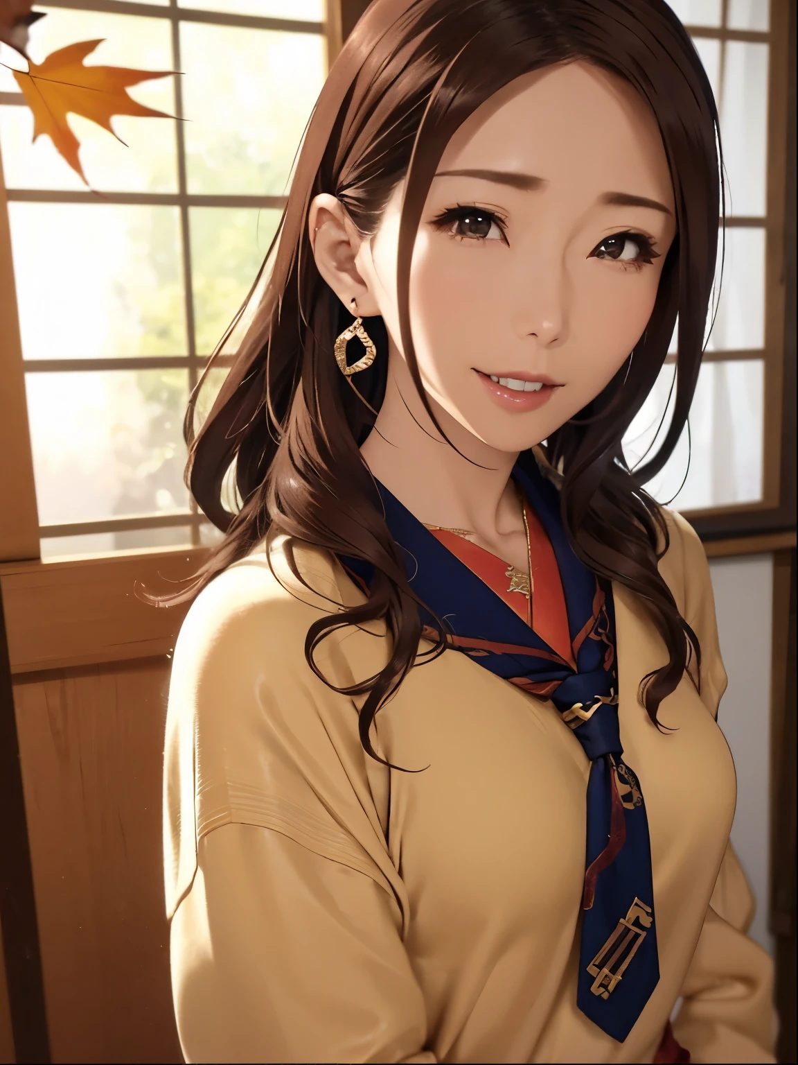 High resolution,8k,Highest quality,detailed,Semi-realistic anime,(whole body:1.5),Anime 3D Style,Smooth anime CG,One mature woman,A 60-year-old Japanese woman,slim,Modeled,Shiny brown hair, Tie your hair back,Medium Hair,detailedな顔,Beautiful and detailed,Glowing Skin,(Layering,Autumn and winter clothes),Earrings Beautiful,necklace,Winter in Japan,Dead Tree,Leaves fall,Hard Focus、Film Grain,Soft lighting,Wind,Looking at the audience,Laughter,