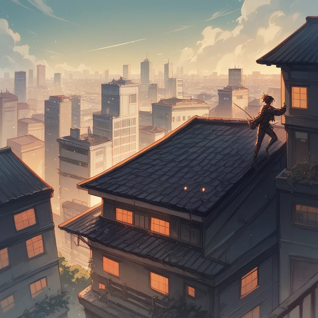 Ninja woman on a rooftop of a building with many city lights in the background