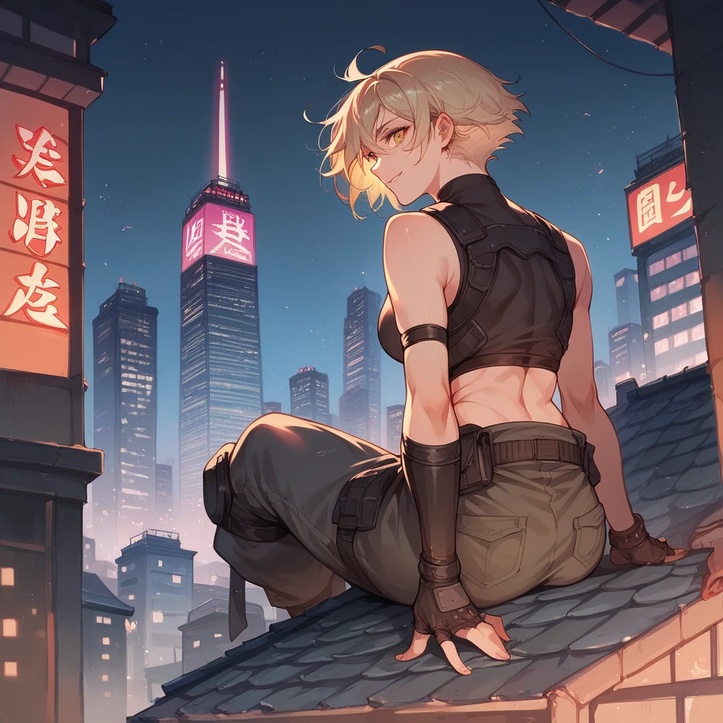 Ninja woman on a rooftop of a building with many city lights in the background