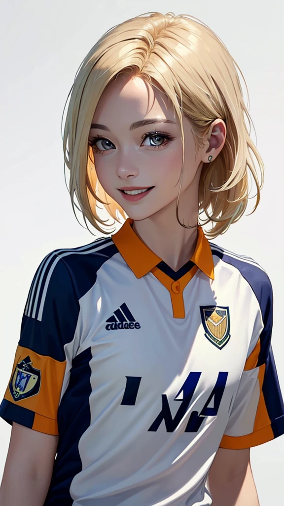 (Highest quality、8k、32K、masterpiece)、(RAW Photos)、(Realistic)、(Photorealistic:1.2)、(High resolution)、Very detailed、Very beautiful face and eyes、1 person、Round and small face、Narrow waist、Delicate body、(Highest quality、Attention to detail、Rich skin detail)、(Highest quality、8k、Oil paints:1.2)、Very detailed、(Realistic、Realistic:1.37)、Bright colors、(((Looks happy)))、(((Blonde)))、(((Brand Hair)))、(((smile)))、(((Upper Body)))、(((White Background)))、(((Side Tail Hair)))、(((Pure white wall background)))、(((Wearing a soccer uniform)))、(((Pure white wall background)))、(((It's a vertical striped uniform.)))、(((Has a keen eye)))、(((Black and pink uniform)))、(((Touching the lips with the right hand)))、(((私はBlondeです、It is a side ponytail)))、(((There are no lines on the shoulder.)))