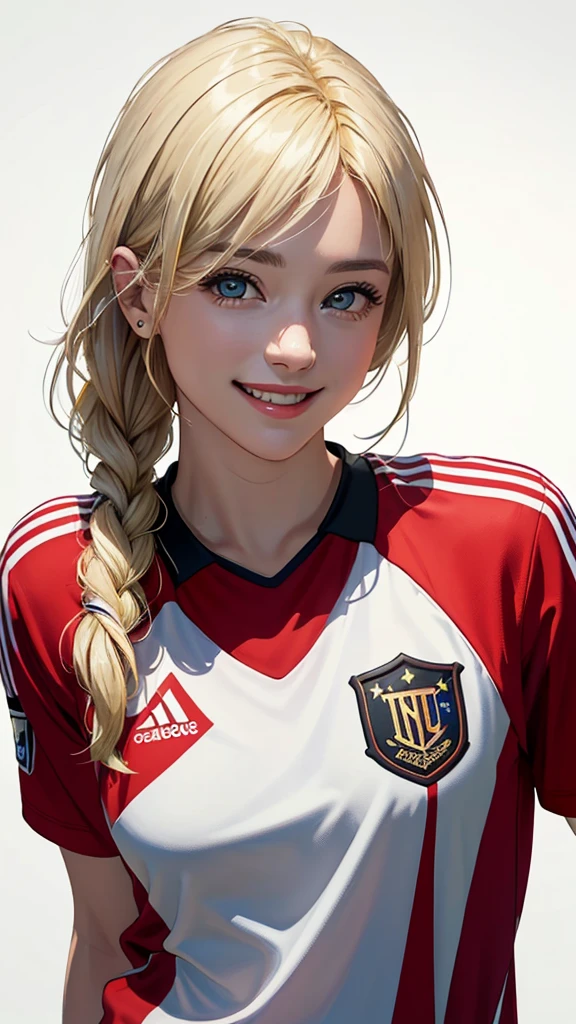 (Highest quality、8k、32K、masterpiece)、(RAW Photos)、(Realistic)、(Photorealistic:1.2)、(High resolution)、Very detailed、Very beautiful face and eyes、1 person、Round and small face、Narrow waist、Delicate body、(Highest quality、Attention to detail、Rich skin detail)、(Highest quality、8k、Oil paints:1.2)、Very detailed、(Realistic、Realistic:1.37)、Bright colors、(((Looks happy)))、(((Blonde)))、(((Brand Hair)))、(((smile)))、(((Upper Body)))、(((White Background)))、(((Side Tail Hair)))、(((Pure white wall background)))、(((Wearing a soccer uniform)))、(((Pure white wall background)))、(((It's a vertical striped uniform.)))、(((Has a keen eye)))、(((Black and pink uniform)))、(((Touching the lips with the right hand)))、(((私はBlondeです、It is a side ponytail)))、(((There are no lines on the shoulder.)))
