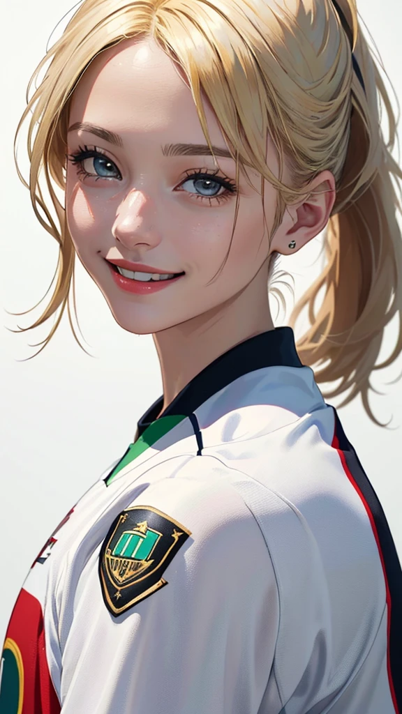 (Highest quality、8k、32K、masterpiece)、(RAW Photos)、(Realistic)、(Photorealistic:1.2)、(High resolution)、Very detailed、Very beautiful face and eyes、1 person、Round and small face、Narrow waist、Delicate body、(Highest quality、Attention to detail、Rich skin detail)、(Highest quality、8k、Oil paints:1.2)、Very detailed、(Realistic、Realistic:1.37)、Bright colors、(((Looks happy)))、(((Blonde)))、(((Brand Hair)))、(((smile)))、(((Upper Body)))、(((White Background)))、(((Side Tail Hair)))、(((Pure white wall background)))、(((Wearing a soccer uniform)))、(((Pure white wall background)))、(((It&#39;s a vertical striped uniform.)))、(((Has a keen eye)))、(((Black and pink uniform)))、(((Touching the lips with the right hand)))、(((私はBlondeです、It is a side ponytail)))、(((There are no lines on the shoulder.)))