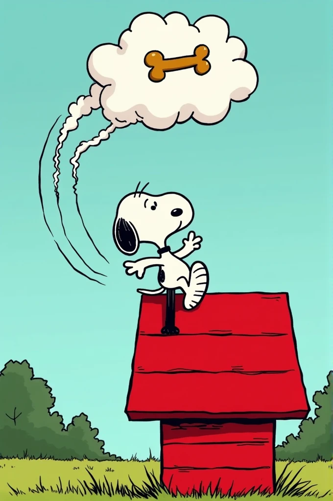 Snoopy jumps from the roof of his house, with motion lines around to show its jump. Your goal is to reach the bone cloud