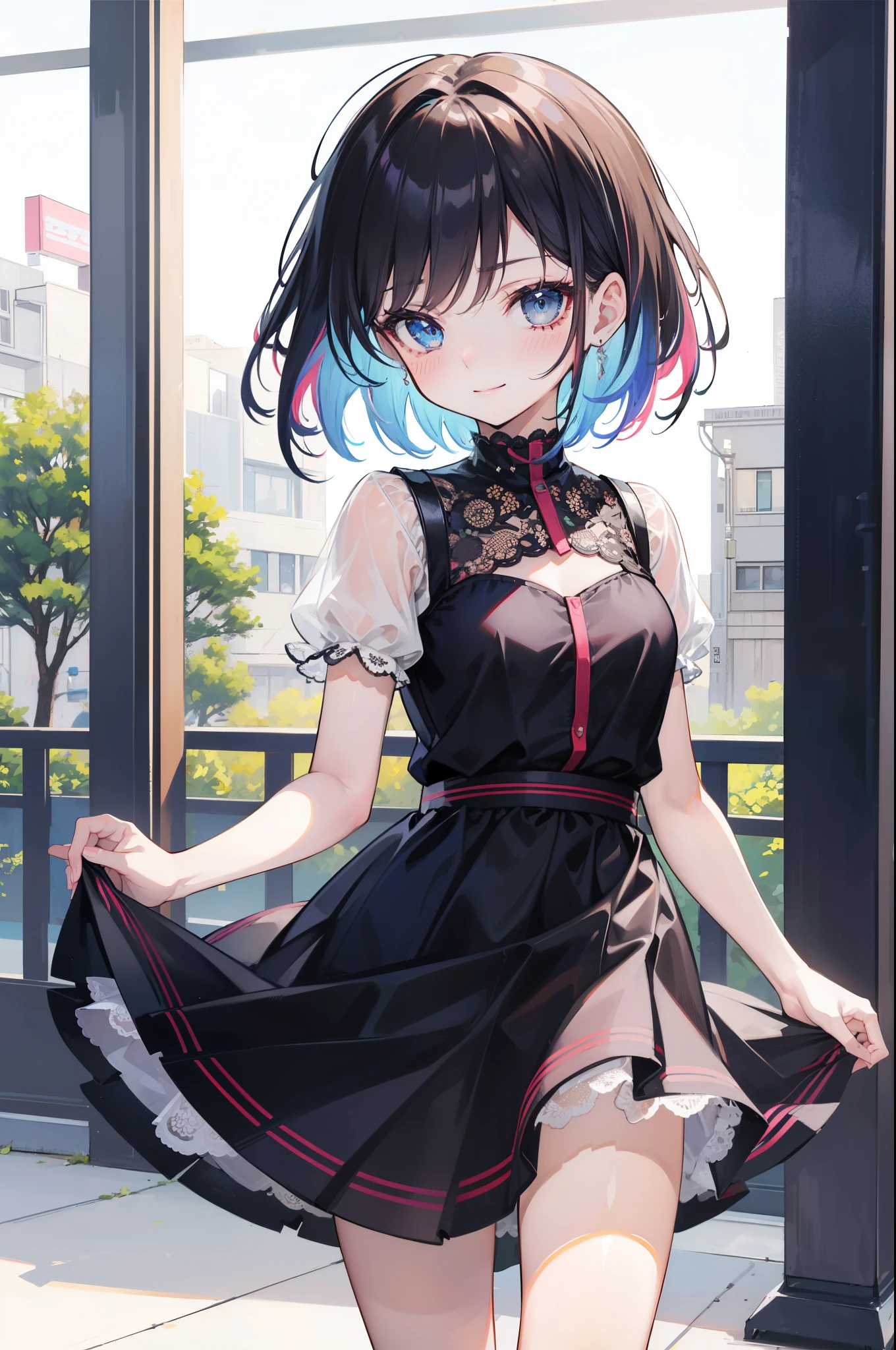 (perfection:1.1), (flawless:1.1), (best quality:1.2), (highest quality:1.2), urban street, 1girl, solo, (loli:1.1), (child:1.1), (cute dress:1.1), sexy smirk, (blushing:1.1), colorful hair, short hair, small breasts, athletic body, highest quality eyes, highly detailed, 4k, best resolution, high quality shadows, beautiful quality light, best quality upscale, most beautiful upscale
