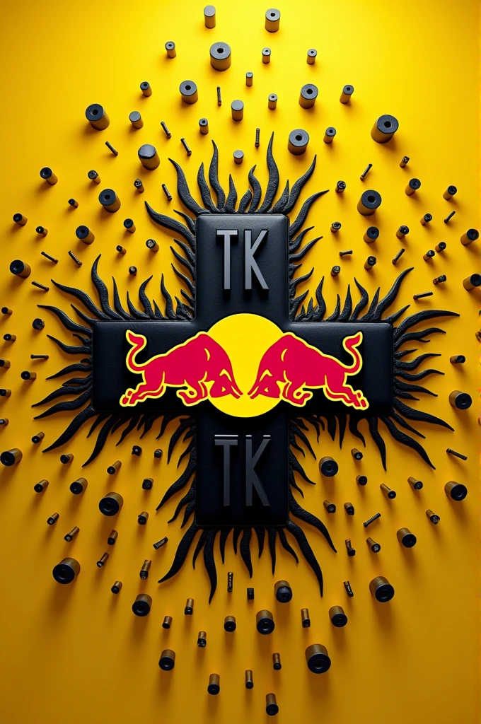 A pattern of 30 magnets if an order of Redbull and the letters TK between them on a yellow background and black flames behind the images and cross-filled.