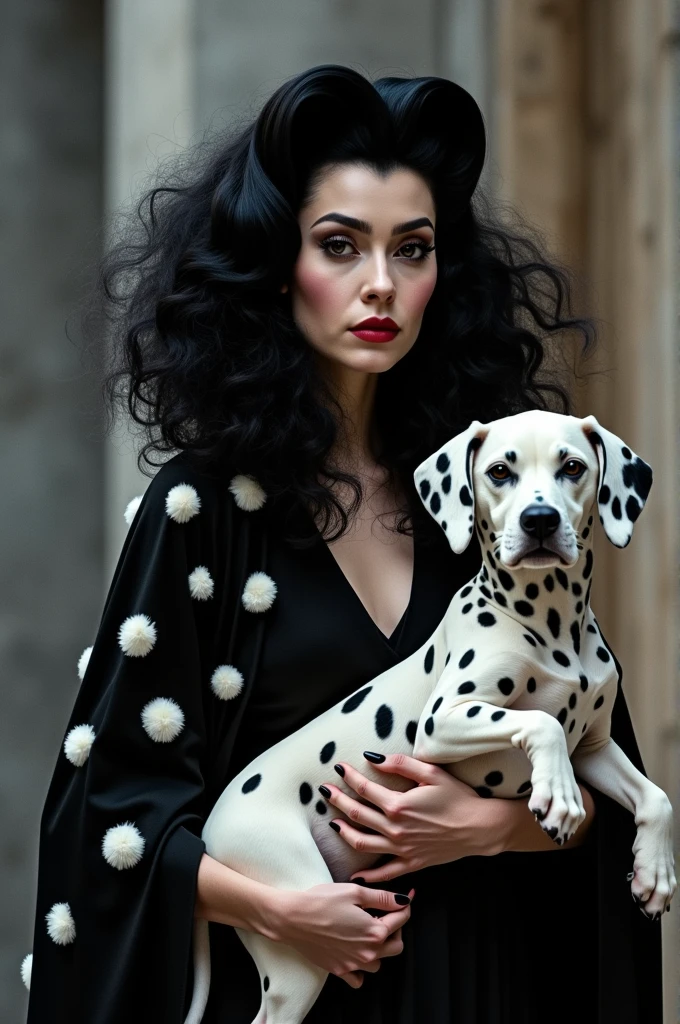 Cruella de Vil,Black and white witch Kuira,the villain from 101 Dalmatians,Hair half black and half white,Wearing a spotted long cape,Holding a Dalmatian,real world,real