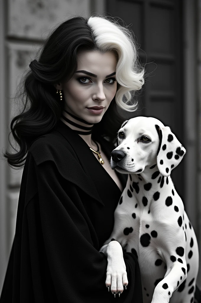 Cruella de Vil,Black and white witch Kuira,the villain from 101 Dalmatians,Hair half black and half white,Wearing a spotted long cape,Holding a Dalmatian,real world,real