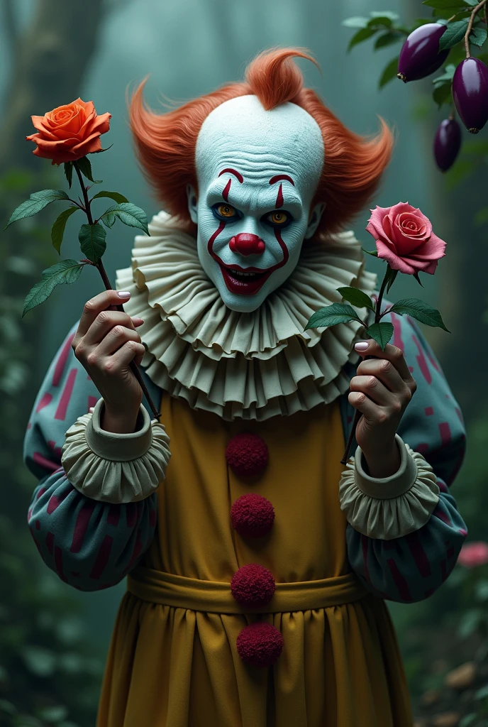 confused clown, with a rose in one hand and a jaboticaba tree in the other