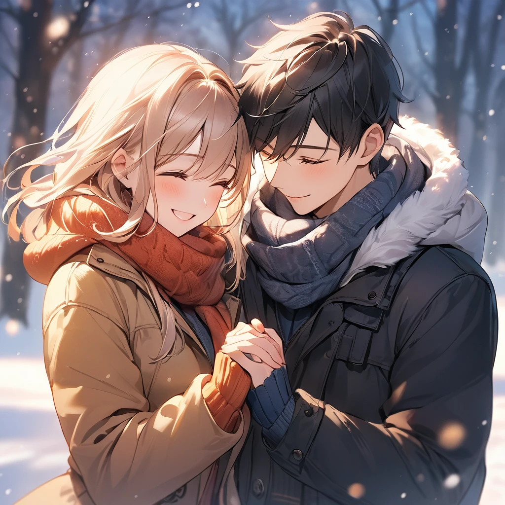 A young couple in their 20s holding hands on a cold day. The focus is on their upper bodies, with no background. They are dressed warmly in winter clothing, showing their closeness and affection as they walk together. The couple looks happy and content, capturing the warmth of their relationship despite the chilly weather.