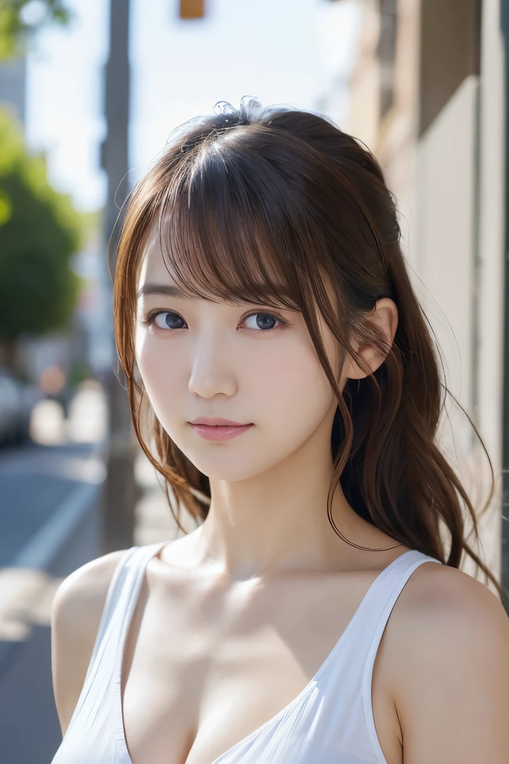 You are a professional photographer。masterpiece、8K、Highest quality, Soft Light, Ultra-high resolution, (Realistic:1.4), RAW Photos,Age 27 、1 Japan, alone, cute、(pupil, Light in your eyes), Natural black eyes、Beautiful face in every detail,(High resolution detail of human skin texture)、(Cleavage、Big Breasts)、Delivery Person 、Wear a post office uniform、deliver a letter、post office、(Portraiture)、Peek into the post