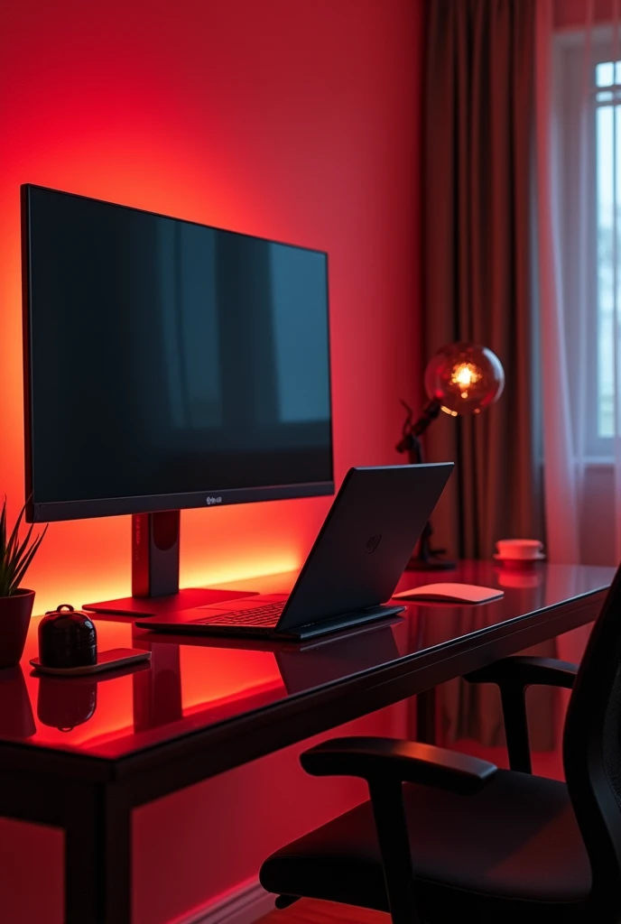 Glass desk with a laptop in a red and black setup with a monitor on the wall,  placing the laptop elevated next to a 32 inch monitor 