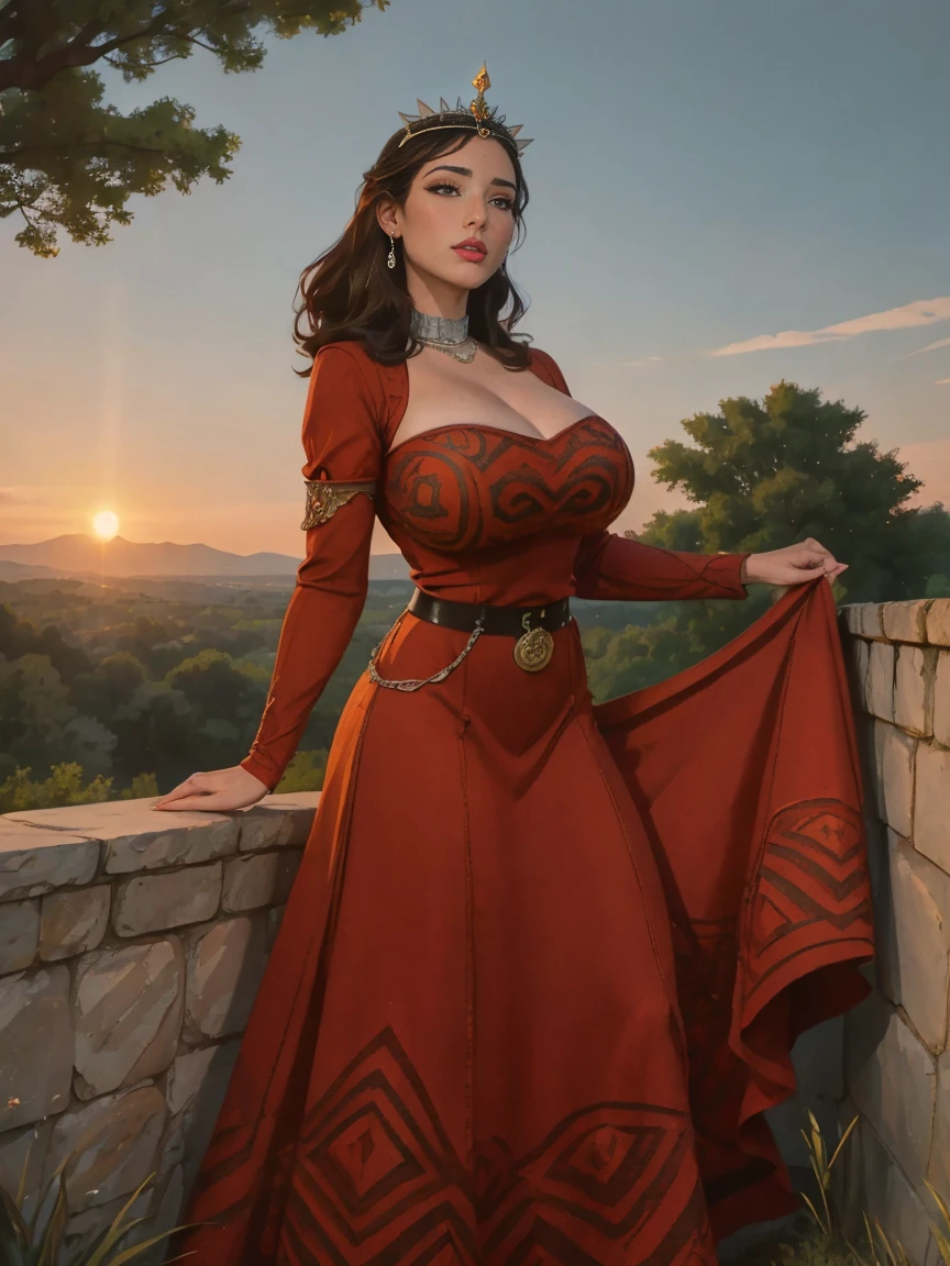 Gorgeous and sultry busty athletic (thin) brunette queen with sharp facial features wearing a modest updo, dark red medieval dress, long sleeves, intricate patterns, scrollwork, wide neck, crown, veil, long dress, modest dress, tight bodice, silver belt, (waist chain), medieval jewelry, Middle Ages, castle, rampart, wall, exterior, on top of a castle wall, trees, countryside, evening, sunset. large breasts.