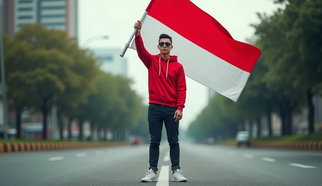 very high quality photo, independence scene, a man wearing glasses from Indonesia, undercut style hair, wearing a red and white hoodie and sneakers, carrying a flag posing on the side of a city road, full body, realistic and cool visual effects, looks real and perfect, UHD 64K, very sweet