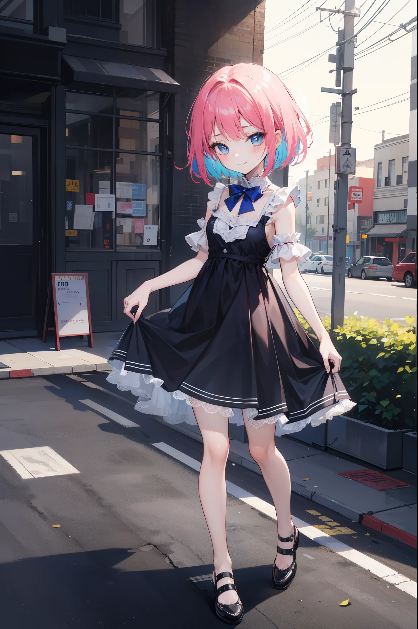 (perfection:1.1), (flawless:1.1), (best quality:1.2), (highest quality:1.2), urban street, 1girl, solo, (loli:1.1), (child:1.1), (cute dress:1.1), sexy smirk, (blushing:1.1), colorful hair, short hair, small breasts, athletic body, highest quality eyes, highly detailed, 4k, best resolution, high quality shadows, beautiful quality light, best quality upscale, most beautiful upscale