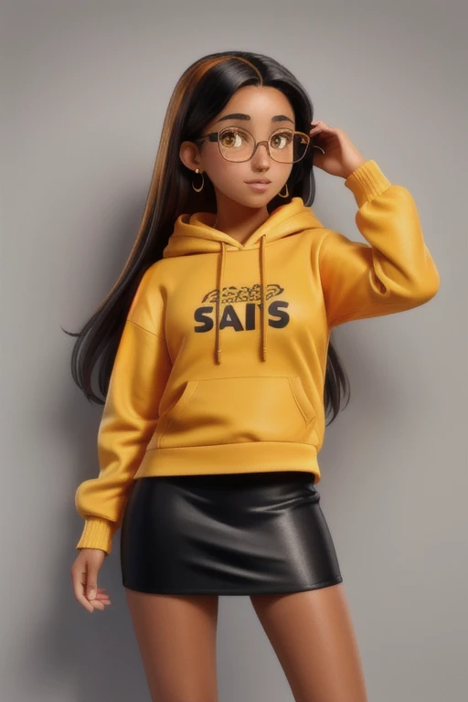 Masterpiece, 1girl, solo, 20 year old college student, she has tan-bronze skin with some freckles, long black hair with orange highlights, amber colored eyes, (she's wearing a yellow hoodie, black pencil skirt, glasses)