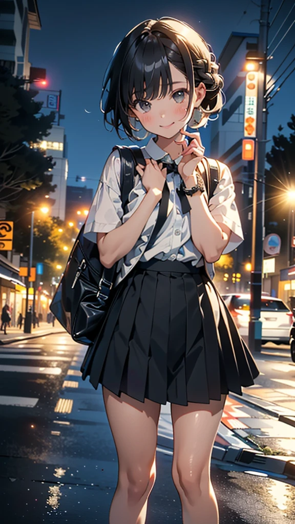 (8k, RAW Photos, 最high quality, masterpiece:1.2), high qualityのRAWカラー写真, Professional photo shoot, Cinematic Light, alone, (((young woman, Gal))), (Sharp features), (Small face), (Skin with attention to detail:1.2), clavicle, Cute Face, Beautiful appearance, Long eyelashes,Girl Turning Around, smile, (Black Hair, Braid、Short Hair、),  Open white shirt、Roll up your sleeves、(Oversized knitted vest)、Very short gray pleated mini skirt, Black sneakers, Backpack,  Night Park, Confident attitude, Capture the happy moment, Artistic painting,Attractive thighs, (Very nice touch:1.2),はにかんだsmile), Peaceful atmosphere, Oil painting style, Bright colors, (Are standing:1.5, Night cityscape, Full body portrait), Smooth texture, Gazing Eyes, Beautiful Skin, Glowing Skin, ((Perfect Fingers, Five Fingers, Anatomically correct)), Background Blur, high quality, Surreal, ((Very detailed, photo shoot)),Many people々々、blush、Plump、White skin、A bag full of stuffed toys、bracelet、high school girl