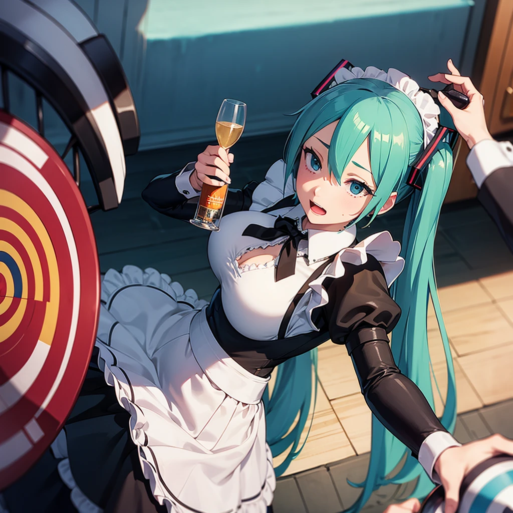 (((Maid uniform)))), (((Large target)))), Drunk Eyes, Hatsune Miku,