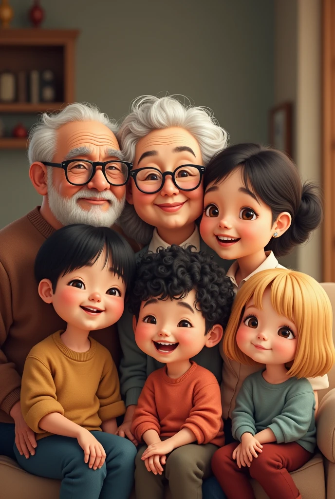 Creating an extended family from a grandmother, a grandfather,A mom, 2 brothers and 2 sisters one with black curly hair with bangs