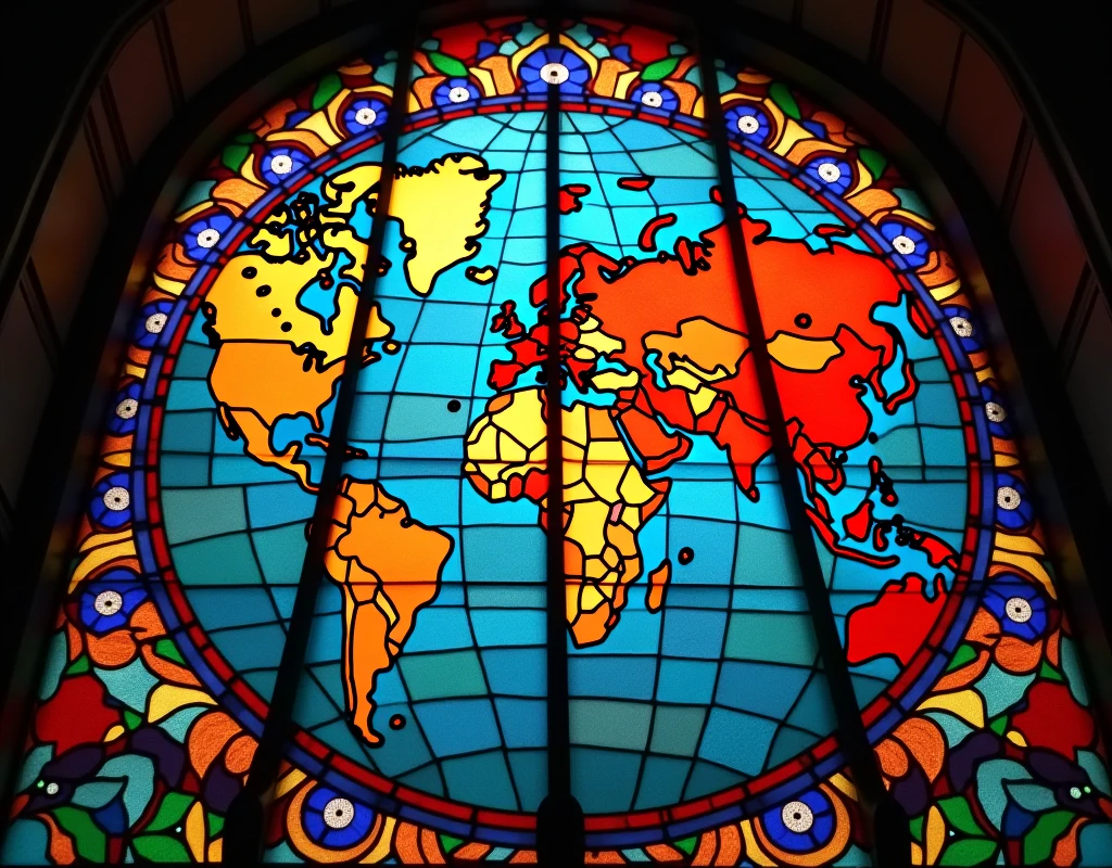 Create an art about globalization. Make it like the stained glass on church windows. Include objects relating to or depicting economy , finance , culture. Diversity, travel, education. Peace, wonders of the world, interner. Just use 1 single big stained glass