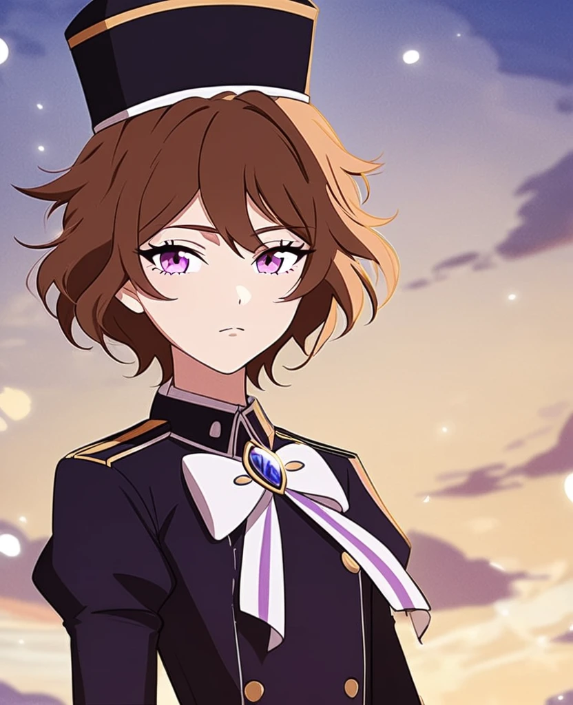 Make me a Twisted Wonderland Oc. Twisted Wonderland/Yana Toboso art style. Short, messy brown hair, brown and light purple eyes. Diasomnia uniform.