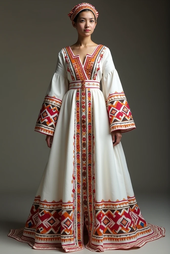 Traditional Kurdish Wedding Dress, Maraş Koçgirî Dêrsim region
White with the traditional geometric patterns (More linear than floral, found on the carpets of the region) embroidered in red, orange, yellow, black, Embroidery evenly distributed over the dress
With the traditional kofî on the head, color coordinated